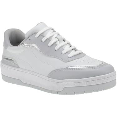Imagem de Tênis Feminino Casual com Detalhes Metalizado Fitness Dia a Dia Academia Confortável Plataforma 26060 (Branco/Prata, BR, Adulto, Numérico, 34)