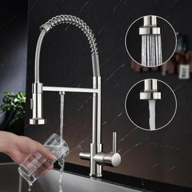 Imagem de KINKIB Torneira de cozinha 3 em 1 com torneira de água potável, torneira de cozinha com torneira de filtro de água, torneira de cozinha de arco alto de furo único de alça dupla, níquel escovado