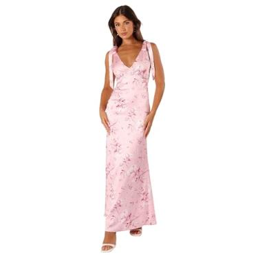 Imagem de Petal & Pup Vestido maxi feminino Xavier com laço e ombro, Rosa floral, G