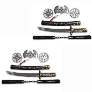 Imagem de 2 Kits Ninja Espada Katana Nunchako Shuriken Infantil Samura - Wellmix