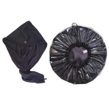 Imagem de Kit Touca de Banho e Toalha Magica de Microfibra Preta - IsaToucas