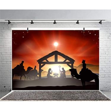 Imagem de Laeacco Pano de fundo tema de Natal, 3 x 2,4 m, fundo de fotografia de vinil, amanhecer, deserto, Jesus Cristo, presépio de manjedoura surrada, nascimento sagrado, Joseph Maris Camel Team Belém, história bíblica infantil