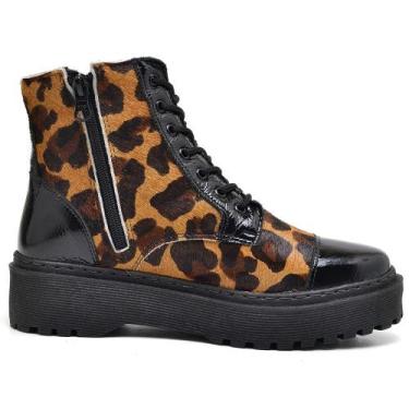 Imagem de Bota Coturno Feminino Couro Sola Plataforma Estampa Onça Modelo Fashio