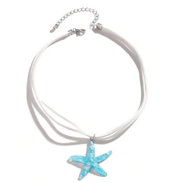 Imagem de xdlhghe Colar gargantilha de estrela do mar para mulheres e homens, cordão em camadas, praia, moderno, azul, branco, surfista, moda, corda, havaiano, oceano, praia, charme, joia de veludo com camada