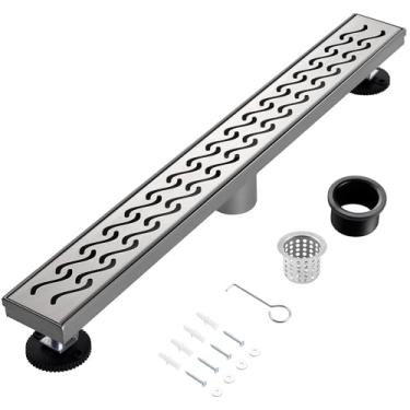 Imagem de muschbath Ralo de Chuveiro Linear de 24", Ralo de Chuveiro de Níquel Escovado, Grelha Plana e para Ladrilhos, Aço Inoxidável 304, Fácil de Instalar e Limpar para Banheiros(Base de (24 Polegadas)