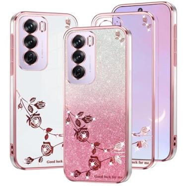 Imagem de Kainevy Capa para Oppo Reno 12 5G Claro Glitter Bonito Feminino para Mulheres Meninas Bling Rose Floral Padrão Capa Oppo Reno 12 Capa de Telemóvel Capa Protetora Fina Brilhante (Rosa)