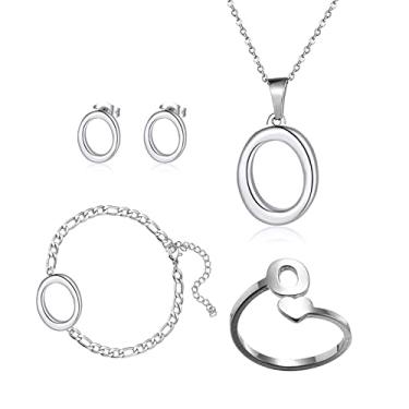 Imagem de Loqimu Pacote com 4 conjuntos de joias iniciais de aço inoxidável para mulheres, anéis de prata, pulseiras, brincos com pingente, colar, gargantilha maiúscula, corrente, brincos de orelha, presente,