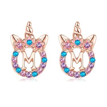 Imagem de TRWWELL Lindos brincos de unicórnio, hipoalergênicos, com strass, letra inicial, para meninas, unicórnios, presentes para crianças, Zinco, Strass