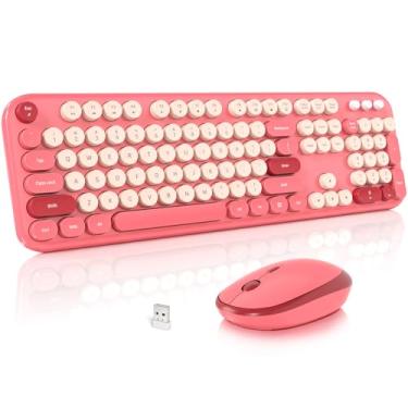 Imagem de MOFII Combo De Teclado E Mouse Sem Fio, Teclado Fofo Tamanho Normal E Mouse Sem Fio, Conjunto De Teclado E Mouse Sem Fio De Máquina De Escrever Retrô De 2,4 Ghz Para Pc/Desktop/Laptop/Windows (Rosa