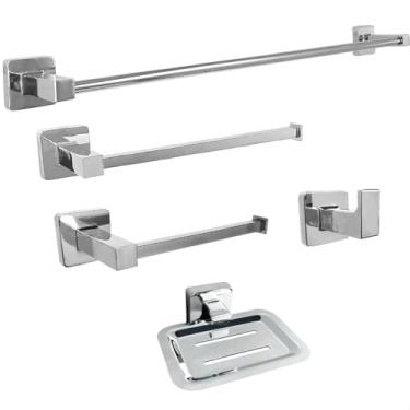 Imagem de Dona D Cor, Kit Acessorios Para Banheiro Cromado 5 Peças Toalheiro Reto Suporte Toalha 60cm Saboneteira Porta Papel Higiênico Cabide Gancho Parede Lavabo Luxo