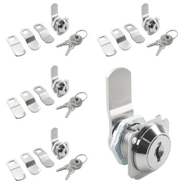 Imagem de Kit de trava de came, 1,5 cm Kit de trava com acabamento cromado para gavetas, portas, caixas de correio, máquinas de venda automática e armários, inclui chave correspondente (5 peças)