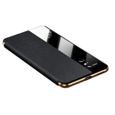 Imagem de HAO RIYLN Capa preta, 70 Pro, de couro genuíno para Huawei Pura 70 Ultra/70 Pro +/70 Pro/70, função de visualização de janela inteligente, capa flip fólio, fecho magnético, suporte à prova de choque