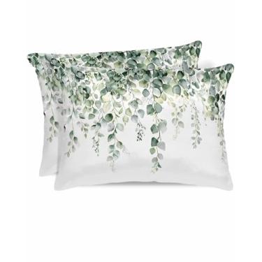 Imagem de Azoamafa Fronha de cetim de folha de eucalipto para cabelo e pele, fronhas de seda estilo fazenda de folha verde tamanho padrão com zíper pacote com 2 capas de travesseiro supermacias, 50 x 66 cm