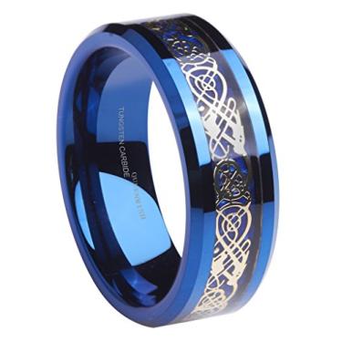 Imagem de QUEENWISH Alianças de casamento de tungstênio azul 8 mm banhado a ouro celta dragão azul fibra de carbono incrustado anéis de compromisso masculino joia tamanho 12, Metal, Sem pedra preciosa
