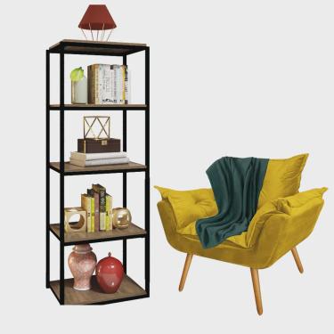 Imagem de Kit Poltrona Fatte com Manta Soft Verde e Estante Livreiro Ferro Preto mdf Caramelo Suede Amarelo - Ahz Móveis