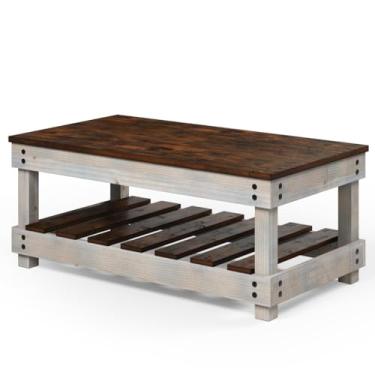 Imagem de Mesa de Centro de Madeira com Prateleira Cinza Claro Distressado