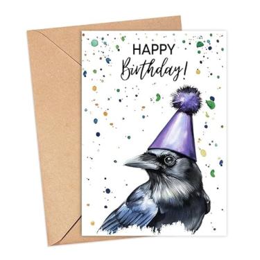 Imagem de Cartão de aniversário de corvo com chapéu de festa - cartão de feliz aniversário - presente de corvo - nascimento de animais de safári zoológico - cartões de felicitações de zoológico - cartões de