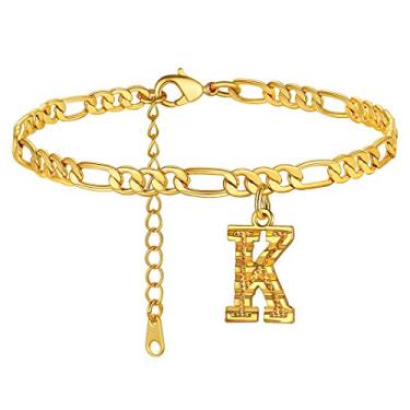 Imagem de Tornozeleiras GoldChic Jewelry com iniciais, personalizadas à prova d'água 4,5 mm de largura redimensionáveis 18K banhado a ouro corrente Figaro inicial letra tornozelo pulseiras para mulheres meninas joias de verão, 22-27 cm de comprimento
