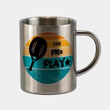 Imagem de Caneca de Inox Premium Prateada 400ml Beach Tennis Raquete Preto Vem P
