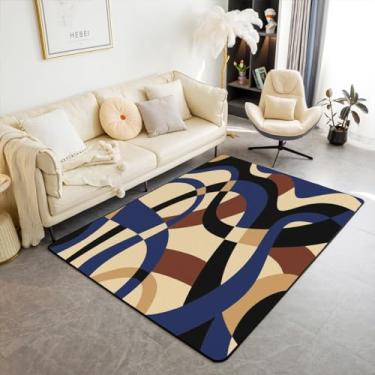 Imagem de Feelyou Tapete decorativo marrom preto azul 12 x 18 cm listras tapetes de sala de estar para crianças meninos meninas decoração tapete geométrico microfibra moderna arte listrada tapete decorativo
