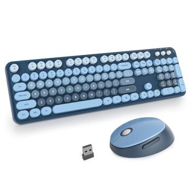 Imagem de iRoboosta Conjunto de teclado e mouse sem fio colorido azul, teclado de máquina de escrever fofo de 2,4 GHz com teclas redondas, tamanho completo com teclado numérico, teclados estéticos para casa e