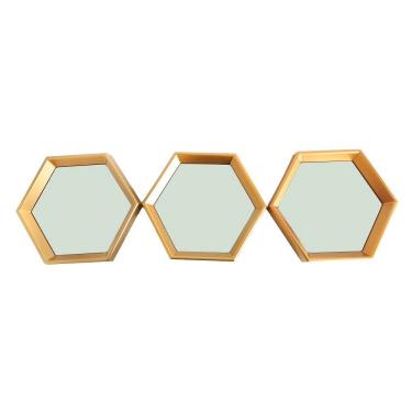 Imagem de Kit 03 Espelhos Decorativo Moldura Hexagonal Dourado - D'rossi