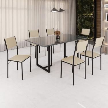 Imagem de Conjunto Sala De Jantar Mesa 160x90cm Base Lunna Tampo Mdf Laca Com Vidro Florença Creme Preto