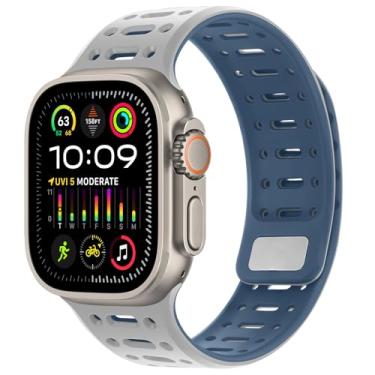 Imagem de Amizee Pulseira masculina de silicone respirável para Apple Watch Ultra 2 séries 10/9/8/7/6/SE/5/4 mm de 49 mm, 46 mm, 45 mm, 44 mm, 42 mm, 41 mm, 40 mm e 38 mm (49/46/45/44/42 mm, cinza azul)
