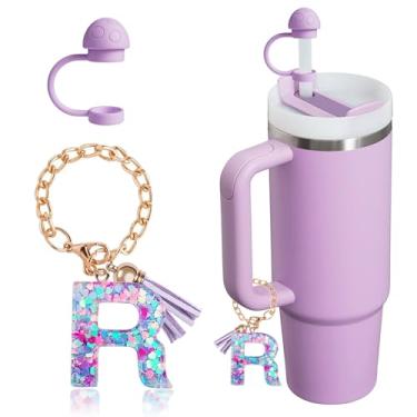 Imagem de HaimiLiya Capa de canudo com corrente de copo com letra inicial para acessórios Stanley Cup, tampa de palha de 10 mm, pingente de copo fofo, roxo