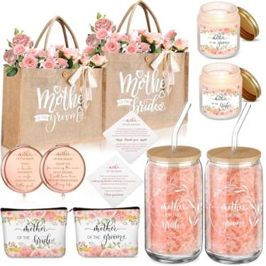 Imagem de Hushee 2 conjuntos de presentes para mãe da noiva e mãe do noivo inclui copos de vidro de 473 ml, sacolas de lona, bolsa cosmética, lenço de vela, para mãe, chá de panela, presentes de casamento (flor