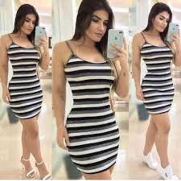 Imagem de Vestido feminino alça fina canelado estampa listra - filó modas, Listr