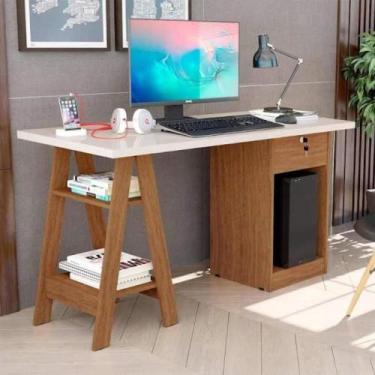 Imagem de Escrivaninha com 2 Prateleiras Juan Off White e Canela - CASA H