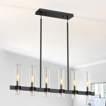 Imagem de OTeedo Lustres Pretos Modernos De 6 Lâmpadas, Estilo Fazenda, Para Sala De Jantar, Luminárias Pendentes Lineares Grandes De 40", Lustre De Ilha De Cozinha Suspenso Com Altura Ajustável Sobre A Mesa