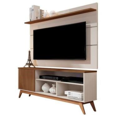 Imagem de Rack Com Painel 1.36 TV Até 55 Retrô Pés Madeira Porta Nichos Pratelei