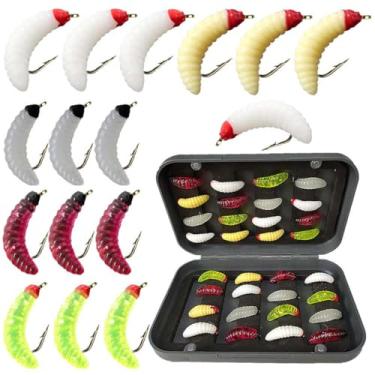 Imagem de Qievcrme 24 peças de pesca com mosca, moscas, iscas de truta, equipamento de pesca, moscas com robalo de truta em caixa, isca artificial de peixe (24 peças de larva macia)