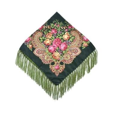 Imagem de Lenço Quadrado Floral com Franjas - Estilo Ucraniano Babushka, Exércit