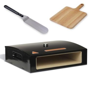 Imagem de BakerStone Forno de pizza ao ar livre, forno de pizza de 30 cm para churrasqueira, câmara de cozimento de pedra de 5 lados com casca de pizza de madeira, casca giratória para churrascos de acampamento