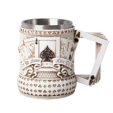 Imagem de HAUCOZE Caneca de cerveja - Copo de café de aço inoxidável isolado de parede dupla com alça, 450 ml, design de pôquer para presentes e colecionáveis da Oktoberfest