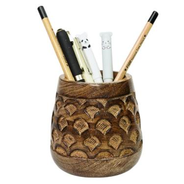 Imagem de Mie Creations Porta-lápis recortado, suporte para mesa de mesa, copo de madeira rústica, acessórios de mesa vintage feitos à mão | Artigos de papelaria para mesa de escritório escolar, organizador de