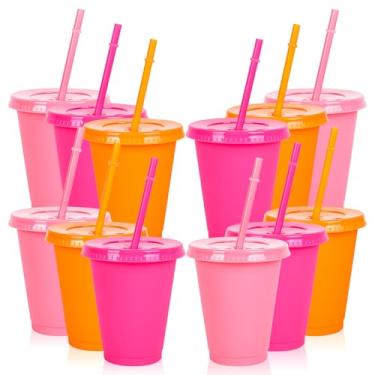 Imagem de Whaline 18 peças de copos de plástico coloridos com tampas canudos 473 ml rosa claro rosa choque laranja copos frios copo de plástico para casa escritório suprimentos de festa