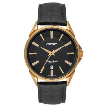 Imagem de Relógio Masculino Dourado Orient Data Pulseira Couro Preto