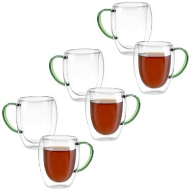 Imagem de Kit Conjunto 6 Xícaras de Vidro Borossilicato Parede Dupla 350ml Transparente com Alça Colorida (Verde)