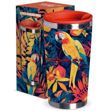 Imagem de Copo Térmico Inox 400ml com Tampa Estampa Arara Tropical Mantém a Temperatura Livre de BPA Café Chá Água Bebidas Quentes e Frias Presente Trabalho Treino Escritório Para Academia Viagem Praia