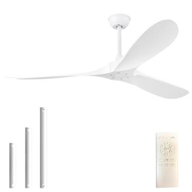 Imagem de wodiston Ventilador de teto de 152 cm sem luz com controle remoto, ventilador de teto externo com motor DC reversível e silencioso, 3 lâminas de plástico, ventilador branco moderno para pátios, sala