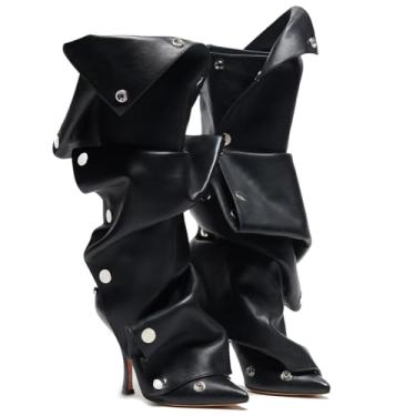 Imagem de VOMIRA Botas femininas na altura do joelho, botas stiletto, bico fino, salto alto, panturrilha larga, franzida, botas despojadas, painel de encaixe, botas pretas, Preto, 35