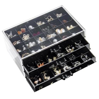 Imagem de YUFONG Organizador de caixa de armazenamento de brincos, 3 gavetas, porta-joias de acrílico, suporte transparente para exibição de joias com 72 compartimentos pequenos, presente para mulheres e