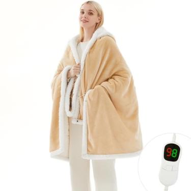 Imagem de PLOATH Xale de cobertor elétrico aquecido: poncho aquecido - cobertor vestível com capuz sherpa com 10 níveis de aquecimento e várias configurações de tempo de aquecimento (101 x 178 cm Biege)