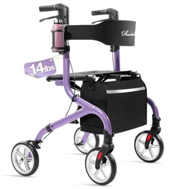 Imagem de PLANET WALK Andador rolante superleve para idosos, andador dobrável com assento e rodas de borracha de 20 cm para todos os terrenos, botão de ajuste de altura atualizado com suporte de copo, roxo