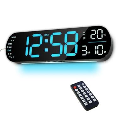 Imagem de insziii Relógio de parede digital de 13,7 polegadas com tela grande com controle remoto, relógio de parede digital grande de LED com mudança de cor RGB, alarme de temperatura DST, relógio grande com