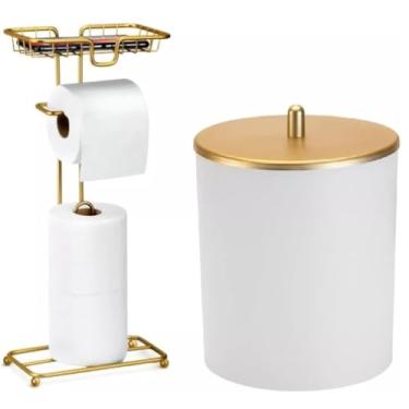 Imagem de Conjunto Banheiro Luxo Dourado: Porta Papel Higiênico com Suporte para Celular ou Lenço Umedecido e Lixeira 5L para Lavabo - Elegante